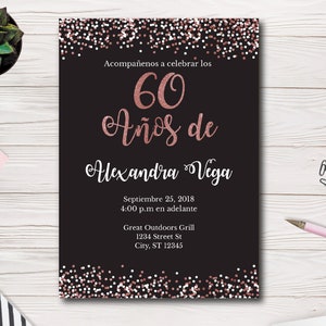 60 Años de, Spanish | 60th Birthday Invitation | Invitación | Black and Rose Gold glitter | Easy to use Template | Edit yourself