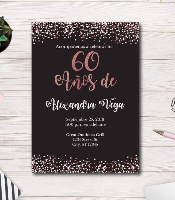 60 Años de Spanish 60th Birthday Invitation Invitación Black and 60 Años de Spanish 60th Birthday Invitation Invitación Black and