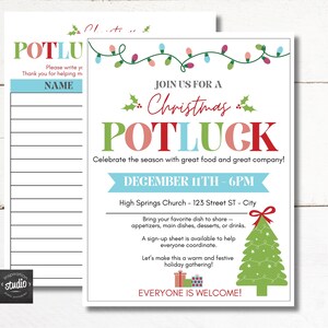 May include: A Christmas potluck invitation and sign-up sheet. The invitation features text in green, red, and blue, with a Christmas tree graphic. The sign-up sheet has a blue section for the name and lined spaces.