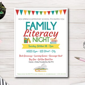 Family Literacy Night Event Flyer Template, School Book Night Flyer Template, School Event Flyer, Easy to use template, edit yourself
