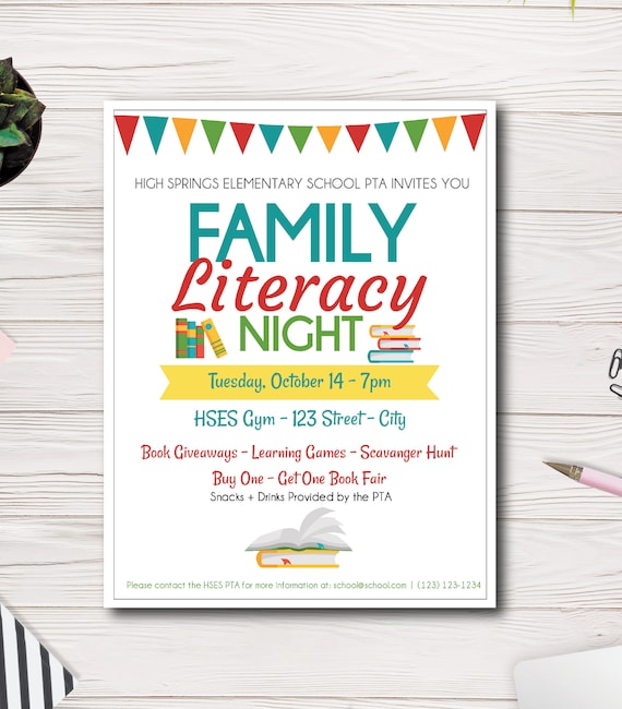 Family Literacy Night Event Flyer Template, School Book Night Flyer Template, School Event Flyer, Easy to use template, edit yourself Il_570xn