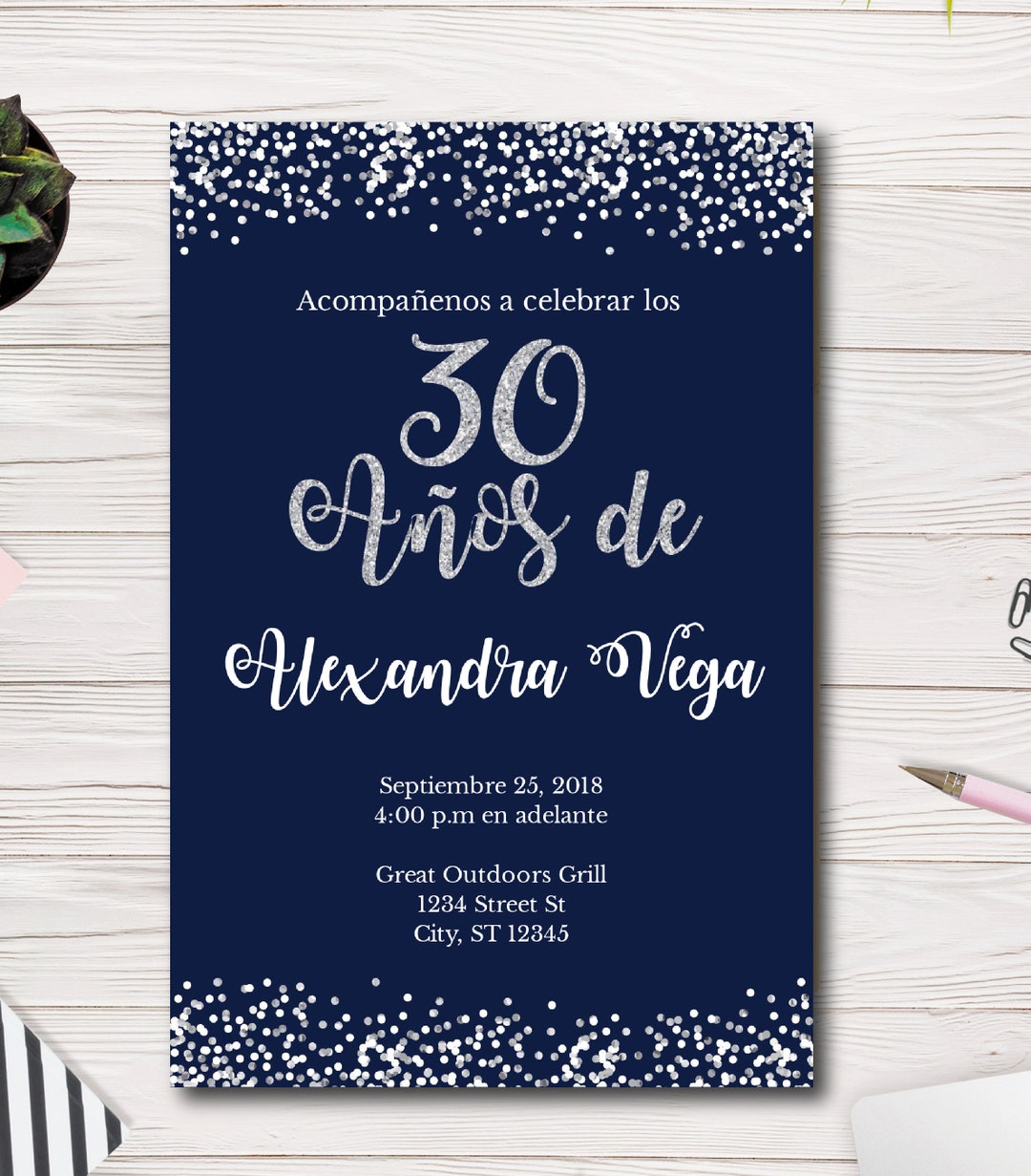 30 Años De, Spanish, 30th Birthday Invitation, Invitación, Blue and