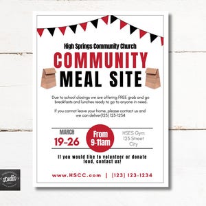 Folleto de comida para llevar / Plantilla editable de Canva para puntos de recogida de alimentos comunitarios