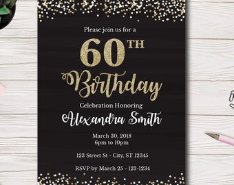 60th Birthday Invitation, 60th Birthday Invite, Adult Birthday Party, Black and gold glitter, Easy to use Template, Edit Yourself