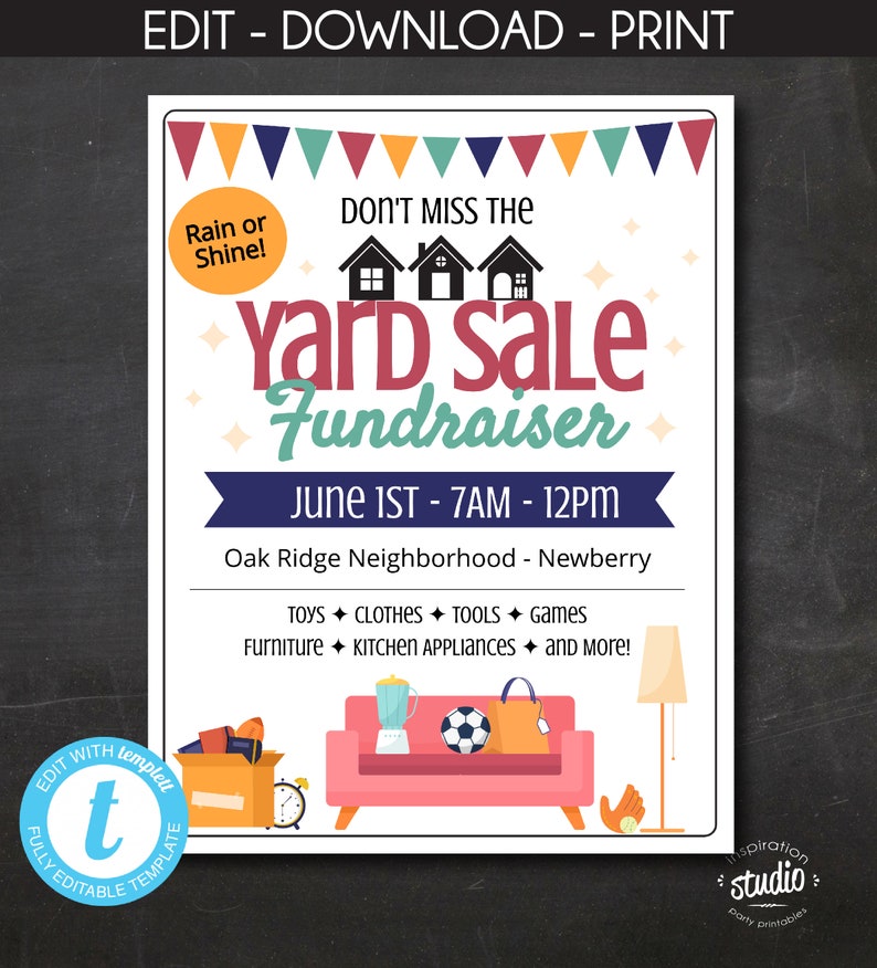 Editable Yard Sale Fundraiser Flyer Template Garage Sale Etsy