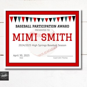 Editable End of Season Baseball Award Certificates | Custom Printable | Personalized Baseball Certificate | Easy to use Canva Template
