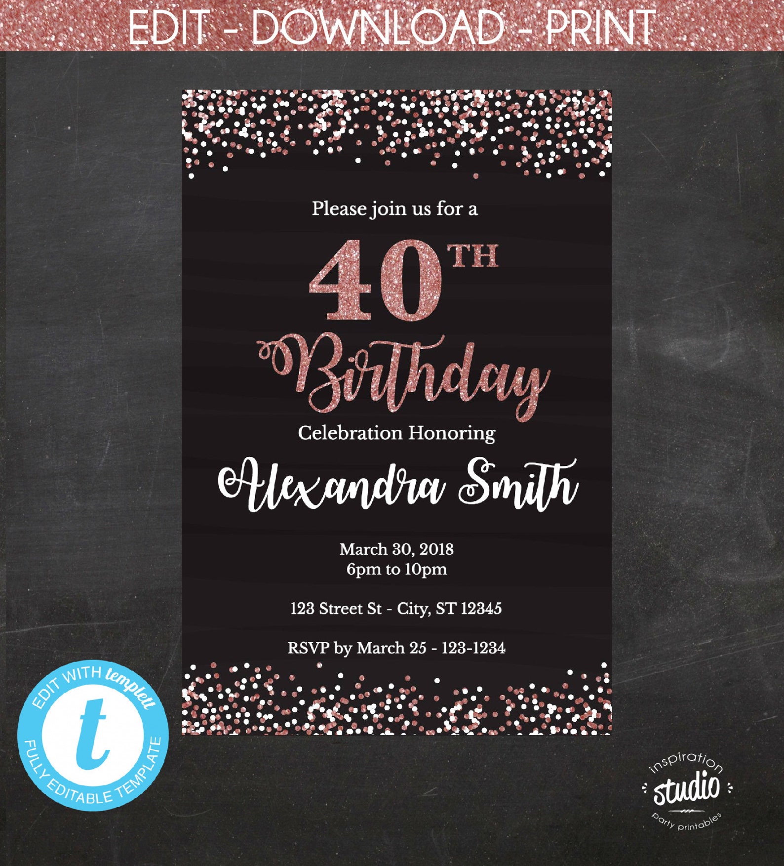 40th Birthday Invitation Easy To Use Template Black And Etsy