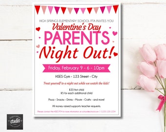 Valentine's Day Parents Night Event Flyer Template | Babysitting Flyer | School Event Fundraiser | Easy to use template | PTA, PTSA, PTO