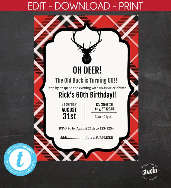 Oh Deer, The old buck is turning.... custom birthday invite, Adult ...