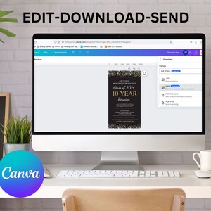 May include: A computer screen displaying a Canva design template for a 10-year class reunion invitation. The invitation features a black background with gold glitter and the text "Class of 2014 10 YEAR Reunion".