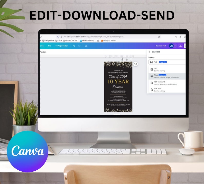 May include: A computer screen displaying a Canva design template for a 10-year class reunion invitation. The invitation features a black background with gold glitter and the text "Class of 2014 10 YEAR Reunion".