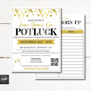 Op de afbeelding: Een Nieuwjaarsavond Potluck uitnodiging met gouden confetti en tekst. De uitnodiging bevat details voor een potluck in High Springs Church op 31 december om 18:00 uur. Er is ook een inschrijfformulier inbegrepen.