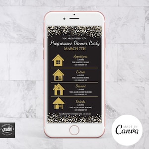 Può includere: Uno schermo di smartphone nero e oro che mostra un invito a una cena progressiva. L'invito elenca l'ora e il luogo per antipasti, portata principale, dessert e bevande in case diverse. Lo sfondo è un motivo di glitter nero e oro.