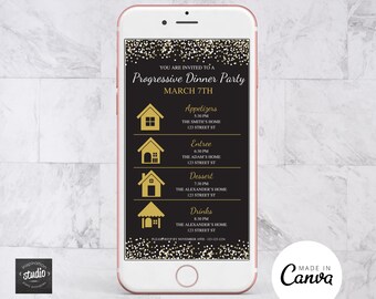 Progressive Dinner Party Text Invite Template | Friend Potluck | Four Locations | Neighborhood Party | Digital | Easy to edit on Canva