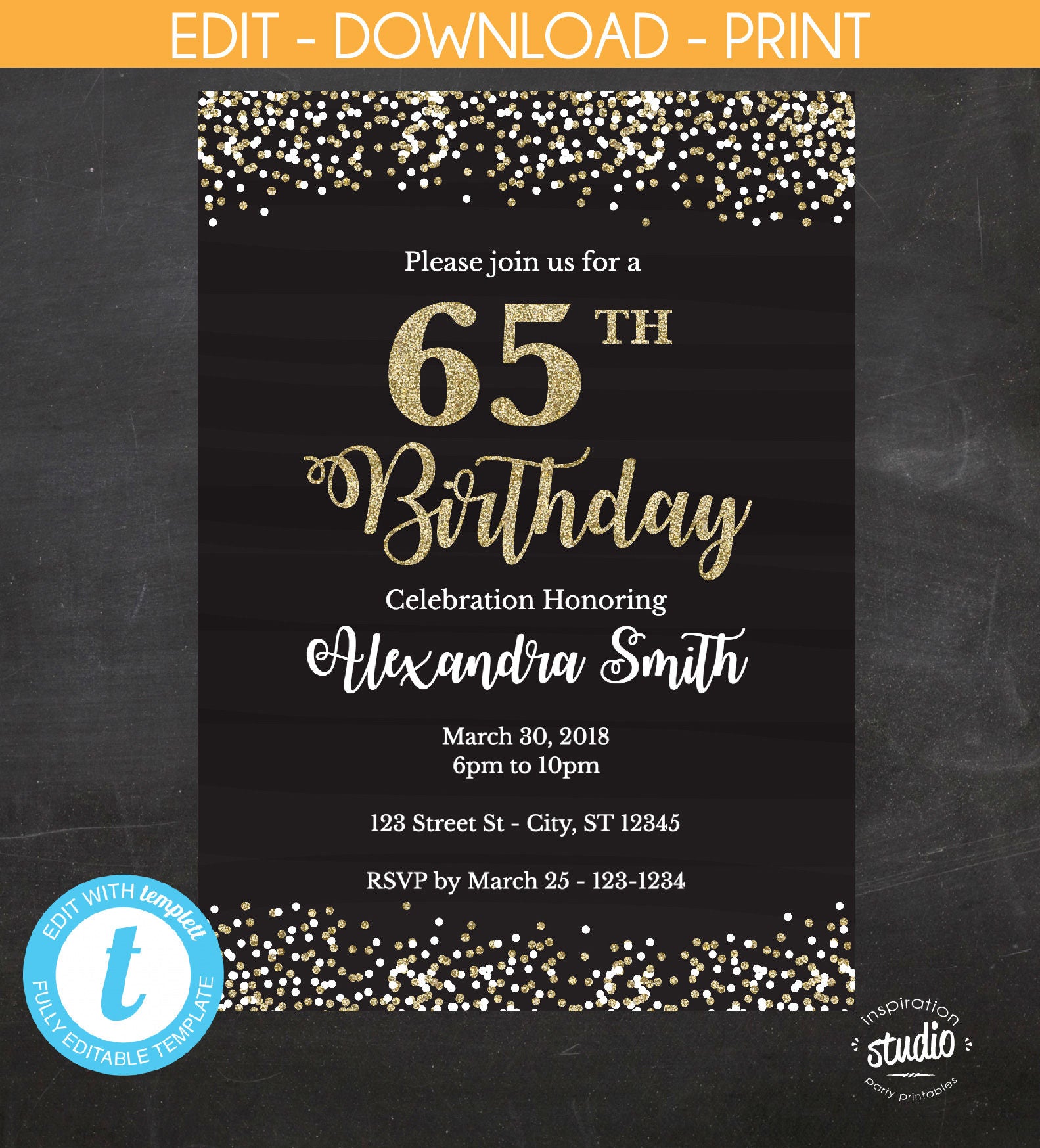 65th-birthday-invitation-65th-birthday-invite-black-and-gold-etsy