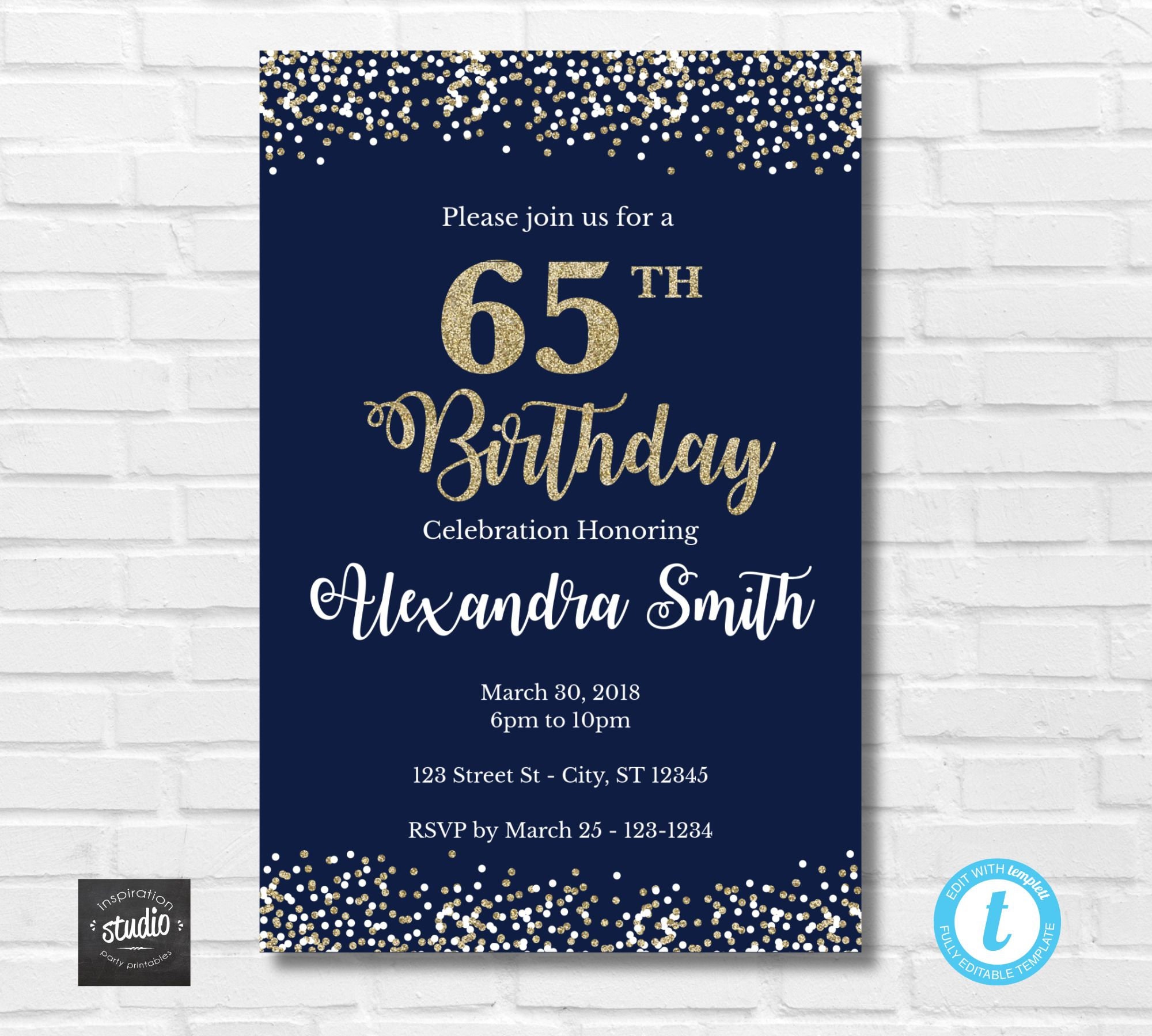 65th Birthday Invitation Template, 65th Birthday Invite, Blue and Gold Glitter, Instant Template, 5 65th-birthday-invitation-template-65th-birthday-invite-blue-and-gold-glitter-instant-template-5-x-7-4-x-6-easy-to-use-template-etsy