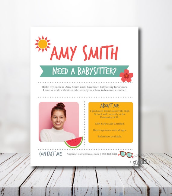 Editable Babysitter Flyer Template, Babysitter Services, Childcare Services, Easy to use template, Summer time theme Il_570xn