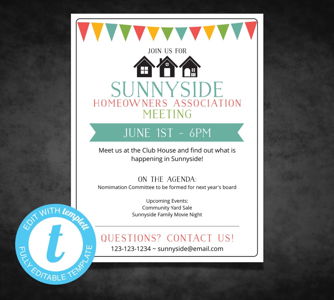 HOA Meeting Announcement Flyer Template, Homeowners Association Meeting ...