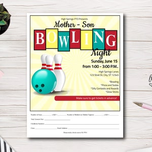 Familie Bowling Nacht Printable Flyer Vorlage | Ideal für Schulen, PTA, PTO Fundraiser | Bedienungsfreundliches Bearbeiten