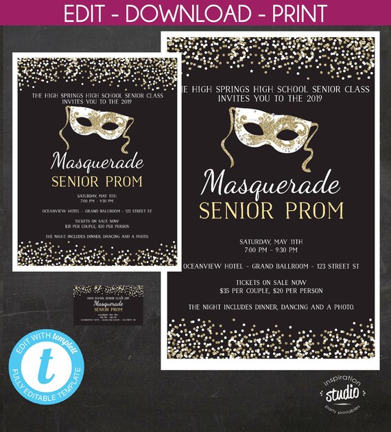 masquerade prom senior prom junior prom template package prom tickets template