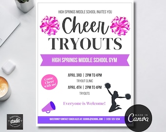 Editable Cheerleading Tryout Flyer Template | Cheer Team Tryout | Cheer Registration | Edit yourself | Easy to edit on Canva