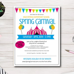 Peut inclure: Une affiche colorée pour le 10e Carnaval de printemps annuel de l'école élémentaire High Springs. L'affiche présente une tente de cirque de dessin animé, des ballons et le texte "Samedi - 20 avril - 15h-19h". L'affiche comprend également des informations sur l'événement, telles que le coût de l'admission et les activités qui seront disponibles.
