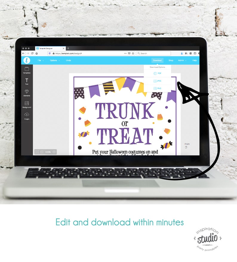 Peut inclure: Un ordinateur portable affiche une affiche imprimable sur le th&egrave;me d'Halloween avec les mots "TRUNK OR TREAT" en violet. L'affiche comprend des graphiques de bonbons et de ma&iuml;s. L'&eacute;cran affiche les options de t&eacute;l&eacute;chargement. Le texte "Put your Halloween costumes on and" est &eacute;galement visible.
