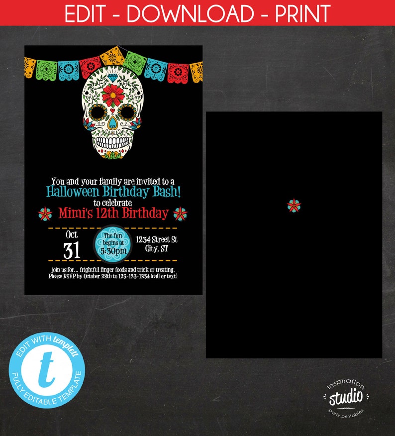Sugar Skull Invitation Template Halloween Birthday Invite - Etsy