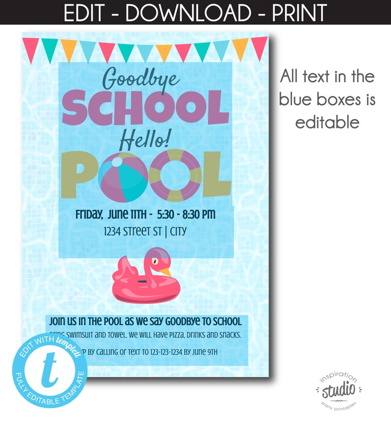 Goodbye School, Hello Pool Party Invite Template, End of the School Year Party Invite, Pool Party, Easy to Use Template image 2