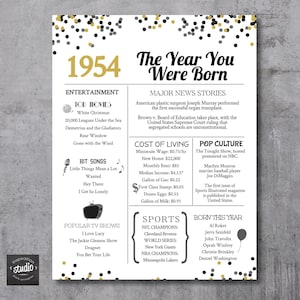 1954 年の誕生日のサインとカード | あなたが生まれた年 | 70 歳の誕生日 | 1954 年当時 | 5 インチ x 7 インチと 8.5 インチ x 11 インチ (即時ダウンロード)