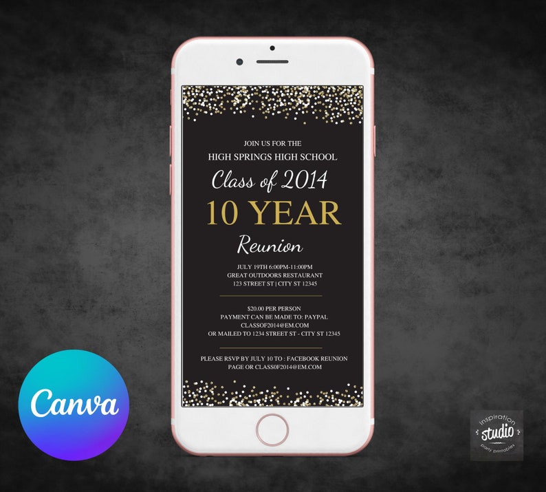 May include: A black and gold digital invitation for a 10 year high school reunion for the class of 2014. The invitation includes the date, time, location, and RSVP information.