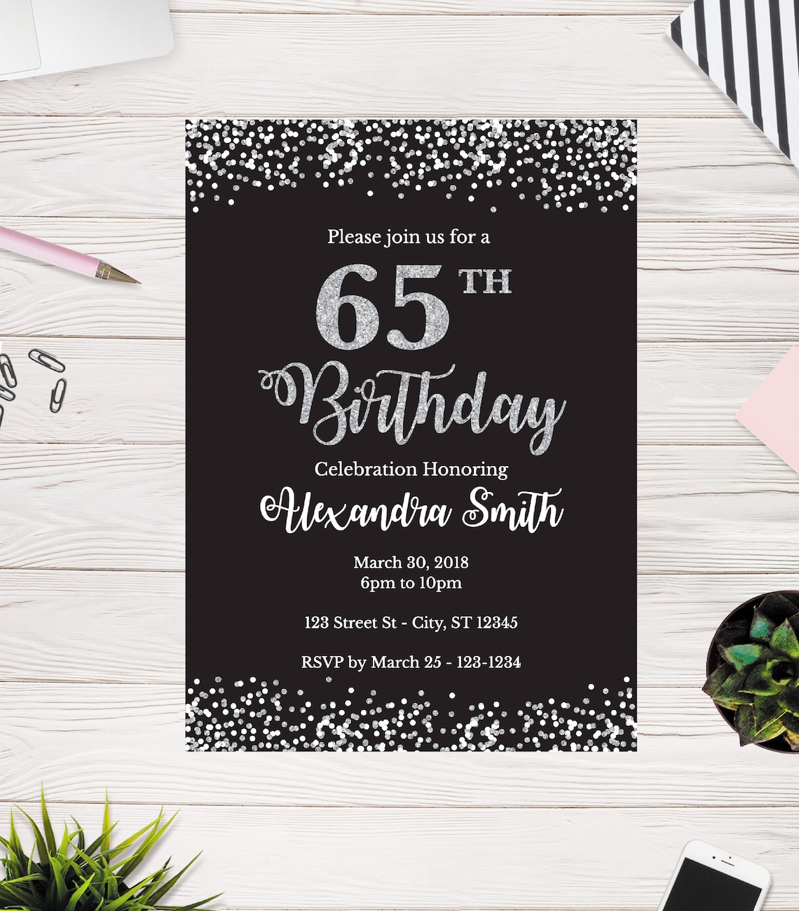 65th Birthday Invitation Template | 65th Birthday Invite | Adult ...