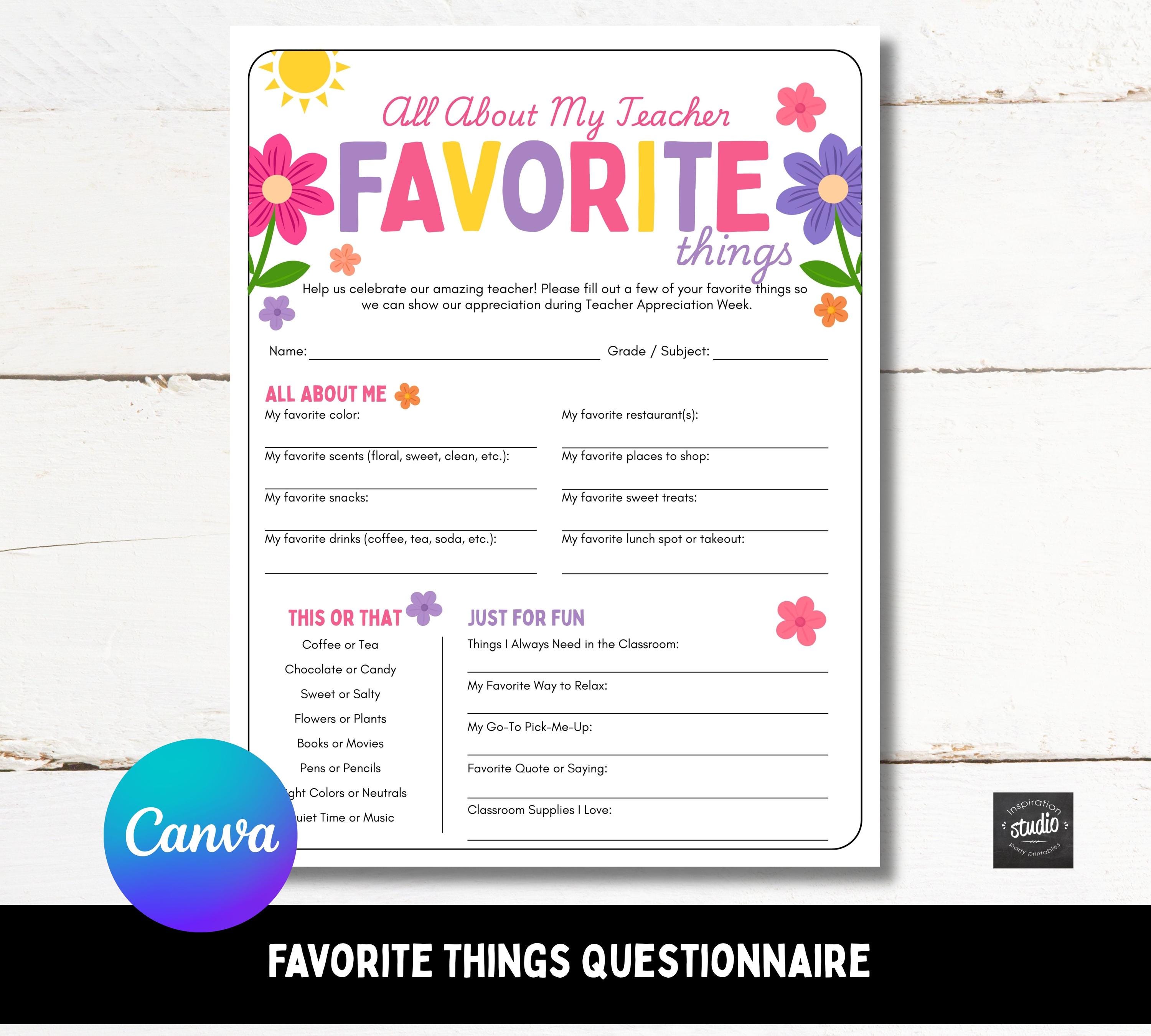 Spring Gift Questionnaire Teacher Favorite Things Questionnaire | Editable Spring Floral Theme ...