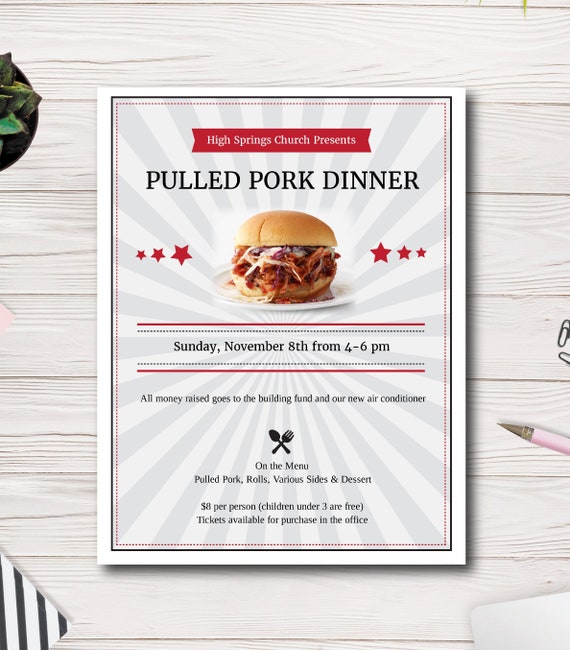 Pulled Pork Fundraiser, Barbecue Dinner Fundraiser Flyer, BBQ Night, PTA, PTO, School, Church, Easy to use template Il_570xn