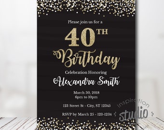 40th Birthday Invitation Template, 40th Birthday Invite, Adult Birthday Party, Black and gold glitter Easy to use Template