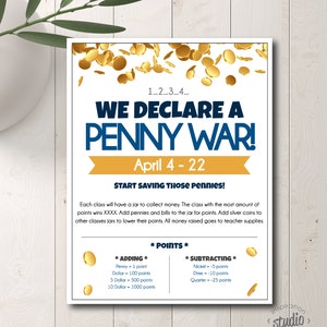 Penny War Fundraising Flyer Template | We Declare a Penny War Flyer | School Fundraiser | Easy to use template | Coin Drive | PTA, PTO