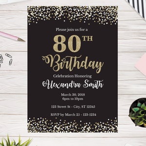 80th Birthday Invitation Template, Adult Birthday Party Invitation, Easy to use template image 1