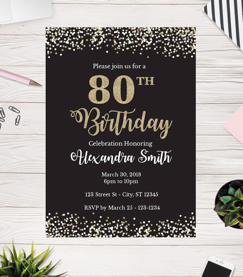 80th Birthday Invitation Template, Adult Birthday Party Invitation, Easy to use template image 1