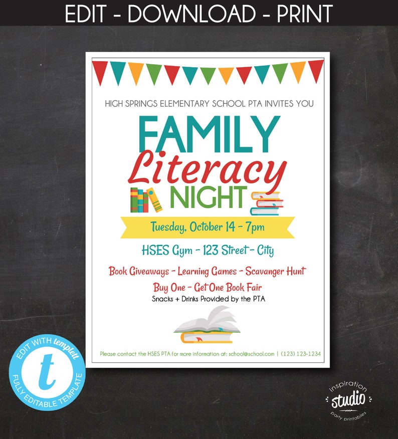 Family Literacy Night Event Flyer Template School Book Night Etsy