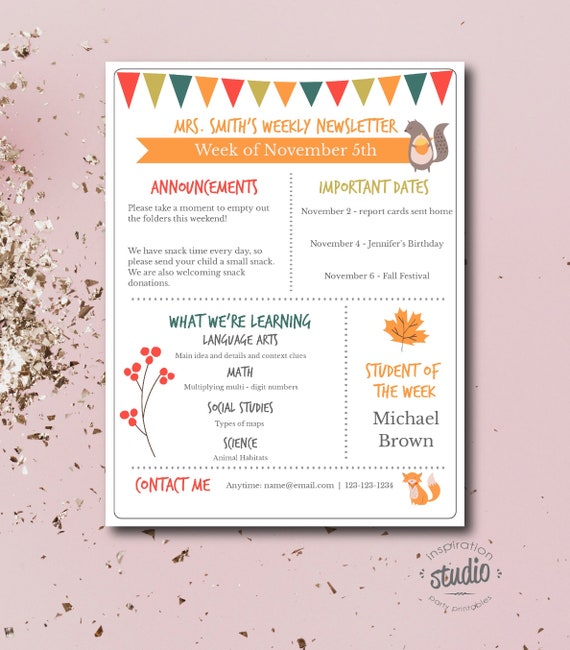 Editable Fall Weekly Teacher Newsletter Template, Notes to Parents, Easy to use Template, Edit yourself, Fall Woodland Animals Il_570xn