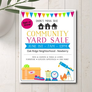 Modèle de Flyer de vente de garage communautaire, Flyer de vente de garage de printemps, Vente de garage de quartier, Collecte de fonds, Modèle facile à utiliser, Modifiez vous-même