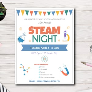 Steam Night Event Flyer Template, School STEM Night Flyer Template, PTA, PTO, School Event Flyer, Easy to use template, edit yourself