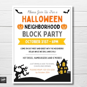 Flyer voor Halloween-buurtblokfeest | Bewerkbare canvassjabloon herfstfeest in de achtertuin