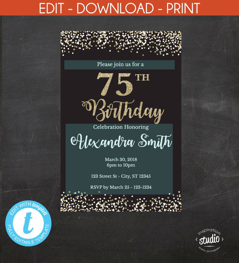 75th Birthday Invitation 75th Birthday Invite Black and Gold - Etsy