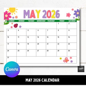 May include: A May 2026 calendar with a white background. The calendar features colorful floral and insect illustrations. The word "MAY 2026" is at the top. The days of the week and dates are clearly displayed.