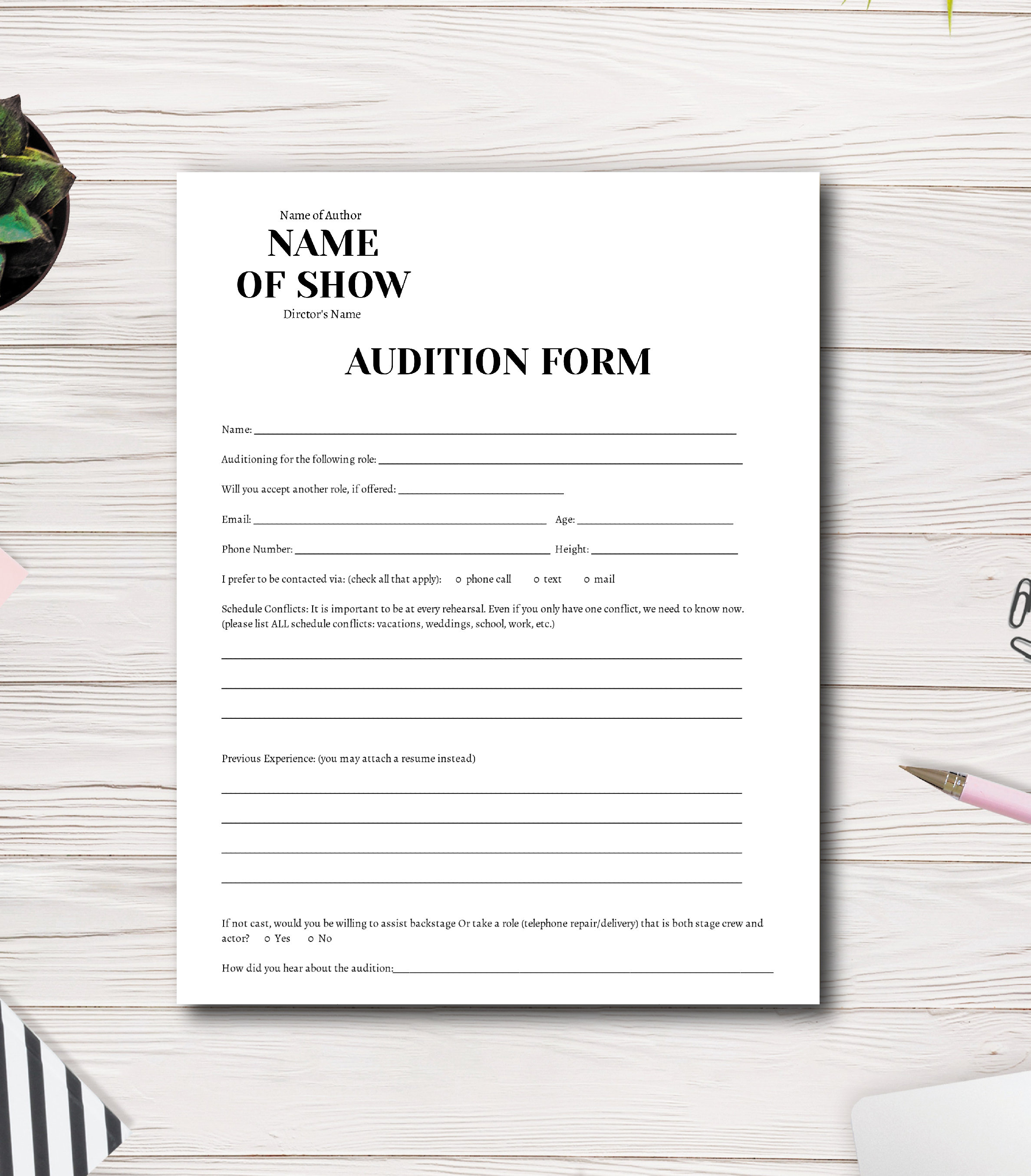 Theatre Audition Form Template | Professional 8.5x11 Printable for ...