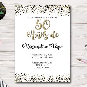 50 Años De, Spanish, 50th Birthday Invitation, White With Black and