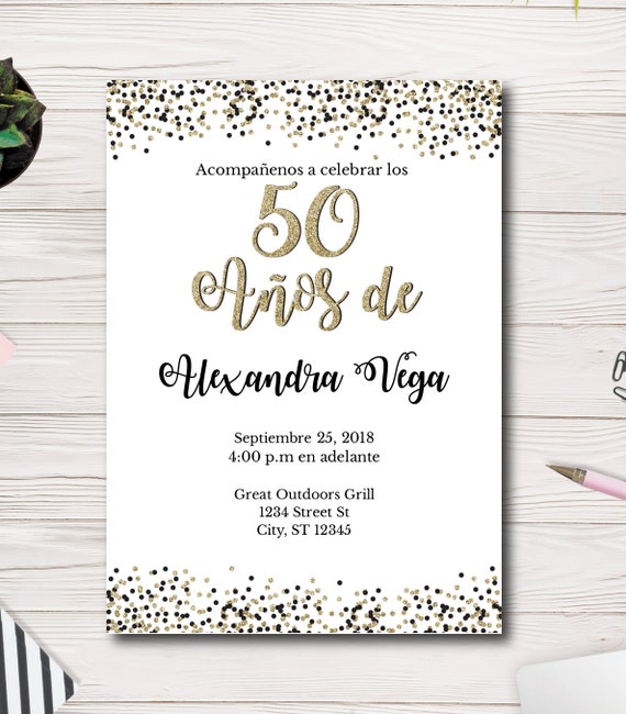 50 Años de, Spanish, 50th Birthday Invitation, White with black and gold glitter, Easy to use Template, edit yourself Il_570xn