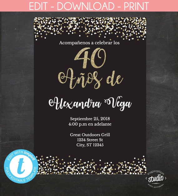 40 Años de, Spanish, 40th Birthday Invitation, Invitación, Black and gold glitter, Template, 2 size options (5 x 7" & 4 x 6"), Edit yourself Il_570xn