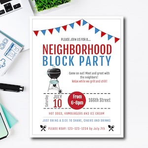 Neighborhood Block Party Flyer, Summer Backyard Party Invite, Grill and chill, Easy to use Template, Edit yourself